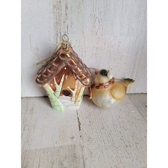 Bird house AS IS forest snow ornament Xmas set unique - Picture 1 of 8